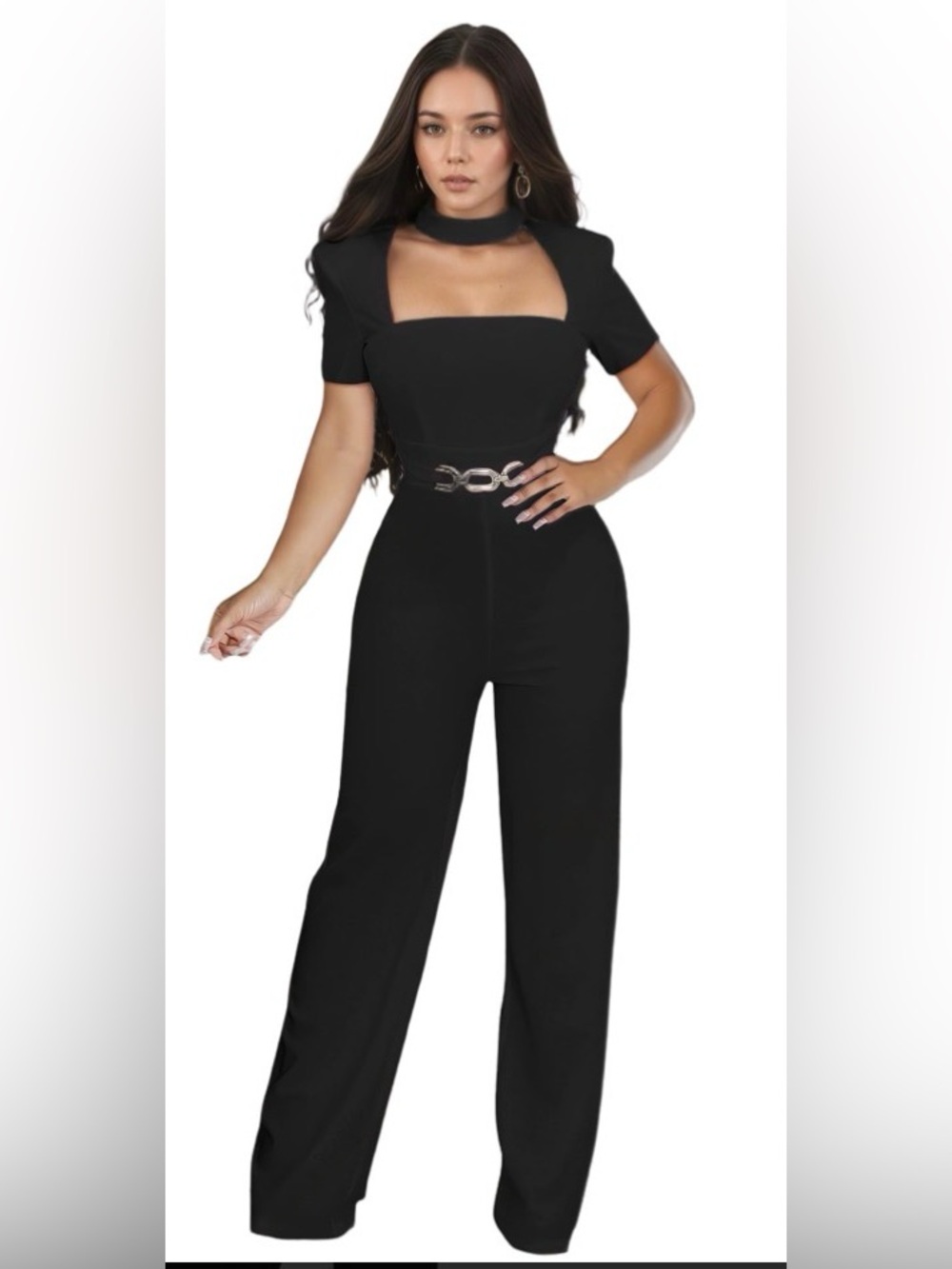 Women's Black Square-Neck Jumpsuit with Decorative Waist